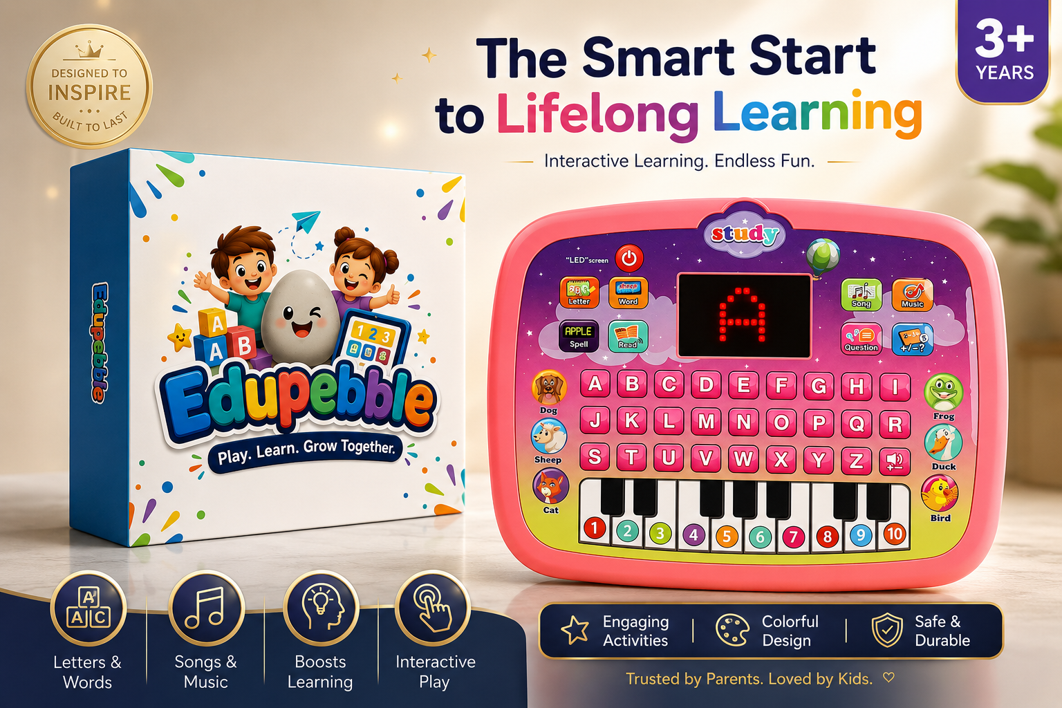 Educational toy with keyboard and digital display next to its packaging, featuring the Edupebble brand.